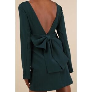 NEW Lulus Elegant Cutie Emerald Bow Bell-Style Long Sleeve Backless Mini Dress